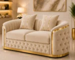 Madrid Beige Golden Luxury 2-Seater Sofa – Elegant Tufted Sofa with Gold Accents