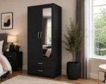 Modern Black 2 Door Mirrored Wardrobe with 2 Drawers - Bedroom Storage Cabinet - Image 3