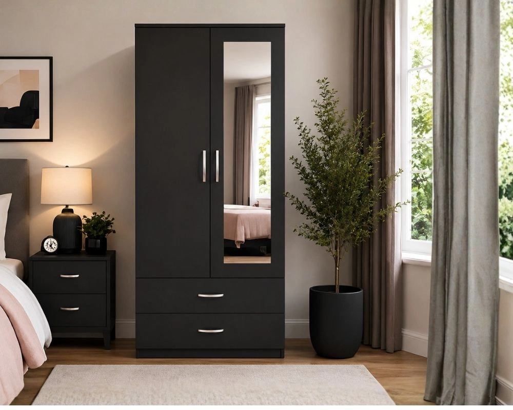 Elegant Two Door Wardrobe – Spacious Clothes Storage Cabinet with 2 Drawers Modern Black 2 Door Mirrored Wardrobe with 2 Drawers - Bedroom Storage Cabinet - Image 1