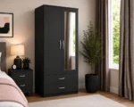 Modern Black 2 Door Mirrored Wardrobe with 2 Drawers - Bedroom Storage Cabinet - Image 2