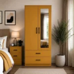 Mustard Yellow 2 Door Mirrored Wardrobe with 2 Drawers - Modern Bedroom Storage Cabinet
