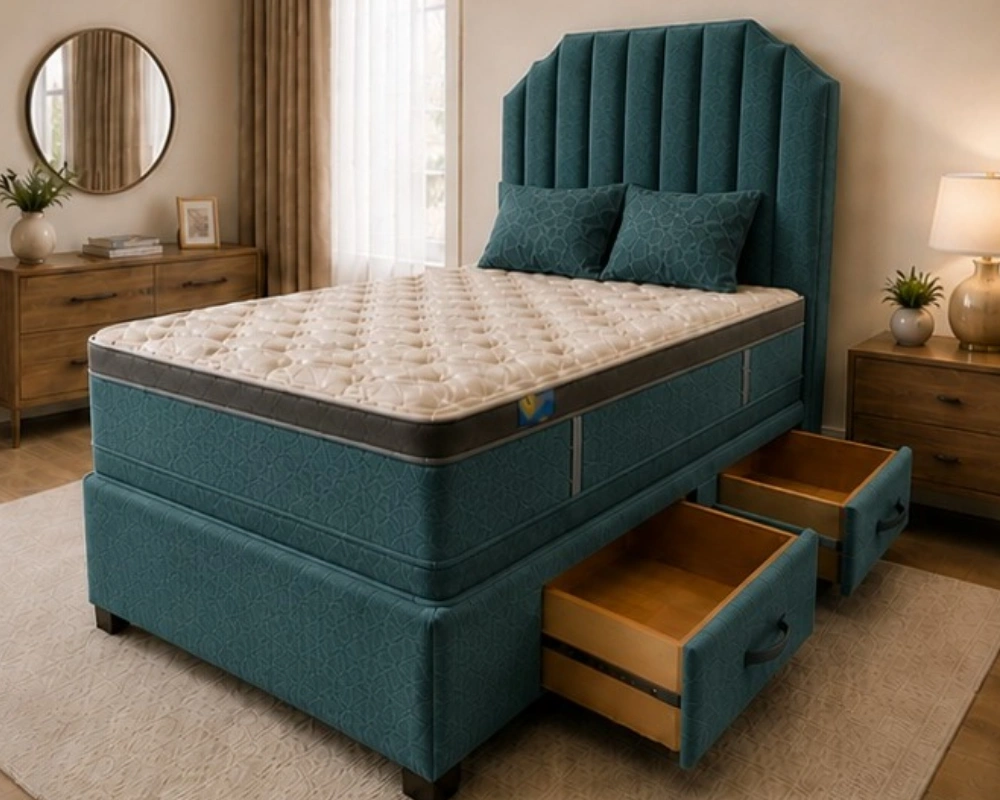 4 Stylish Quilted Design with Built In Storage Solution Double Divan Bed with Modern Style - Bed with mattress and Drawers - Image 1