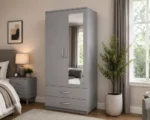 Ice Grey 2 Door Mirrored Wardrobe with 2 Drawers - Contemporary Bedroom Storage Cabinet - Image 2