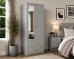 Light Grey 2 Door Mirrored Wardrobe with 2 Drawers - Modern Bedroom Storage Cabinet - Image 3
