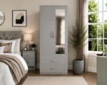 Light Grey 2 Door Mirrored Wardrobe with 2 Drawers - Modern Bedroom Storage Cabinet