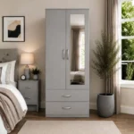 Light Grey 2 Door Mirrored Wardrobe with 2 Drawers - Modern Bedroom Storage Cabinet