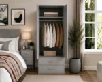 Light Grey 2 Door Mirrored Wardrobe with 2 Drawers - Modern Bedroom Storage Cabinet - Image 4