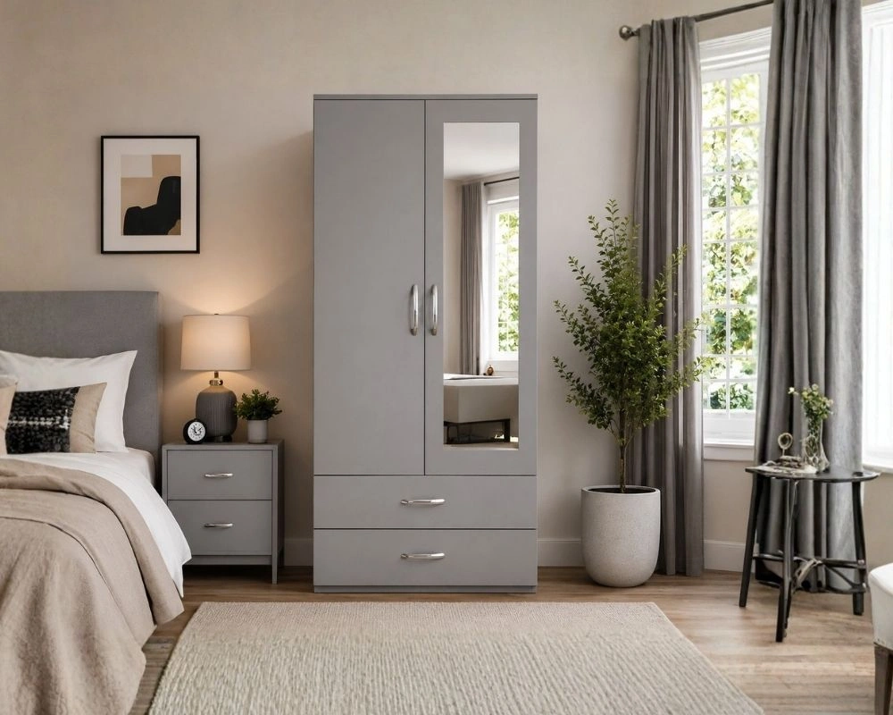 Stylish Home Furniture – Two Door Wardrobe Featuring 2 Drawers Ice Grey 2 Door Mirrored Wardrobe with 2 Drawers - Contemporary Bedroom Storage Cabinet - Image 1