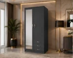 Grey 2 Door Wardrobe with Mirror & 3 Drawers - Modern Wooden Bedroom Storage