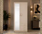Modern Cream 2 Door Mirrored Wardrobe with 3 Drawers - Bedroom Storage Cabinet - Image 2