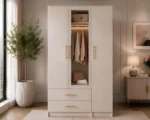 Elegant Cream Triple Door Wardrobe with Display Shelf & Storage Drawers