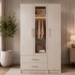 Elegant Cream Triple Door Wardrobe with Display Shelf & Storage Drawers