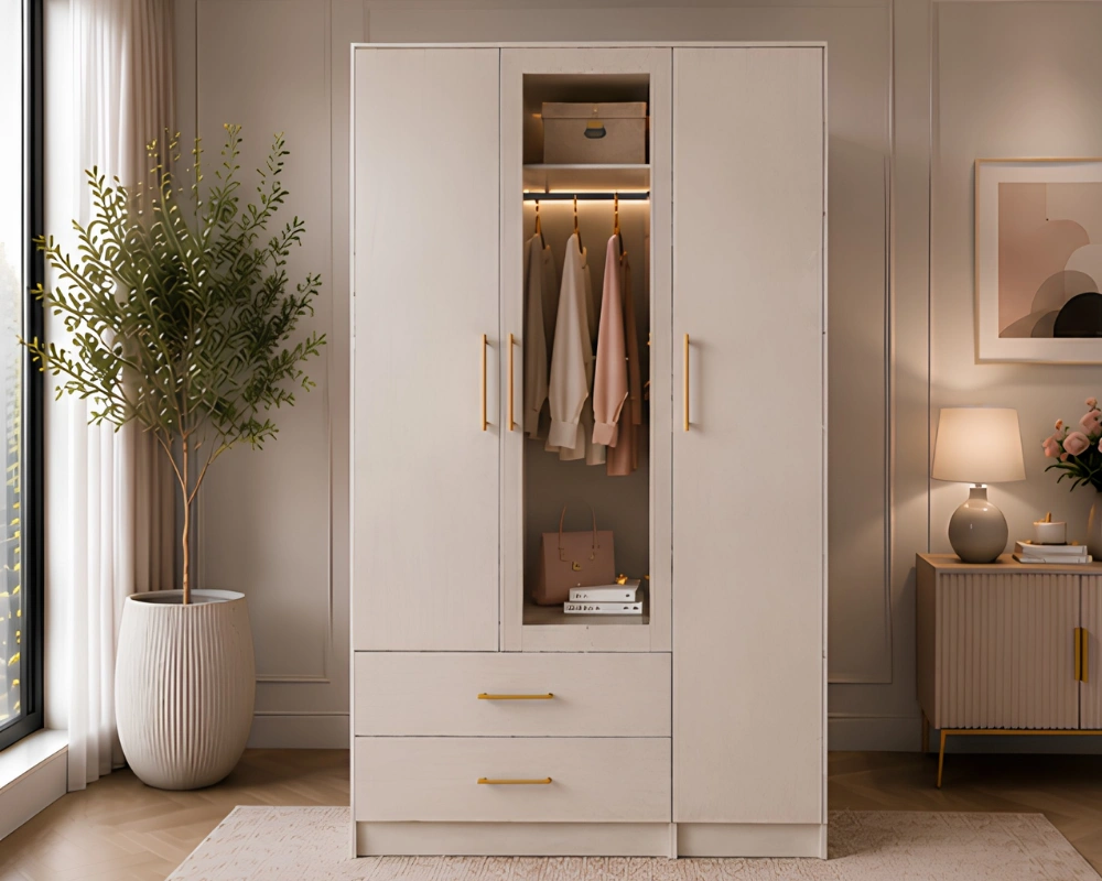 Contemporary 3-Door Closet with Mirror and Drawer Storage Elegant Cream Triple Door Wardrobe with Display Shelf & Storage Drawers - Image 1