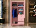 Pink 2 Door Wardrobe with Mirror & 3 Drawers - Modern Wooden Bedroom Storage - Image 3