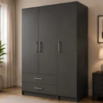 Dark Grey Wooden 3 Door Wardrobe with 2 Drawers - Modern Bedroom Storage Cabinet