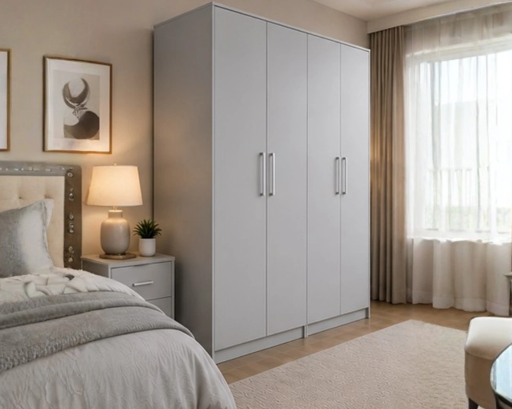 Elegant 4 Door White Bedroom Wardrobe _ Modern Wooden Closet Modern Light Grey 4 Door Wardrobe – Spacious Bedroom Storage Cabinet - Image 1