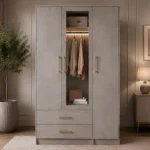Grey 3 Door Wardrobe with Mirror & 2 Drawers - Modern Bedroom Storage Cabinet