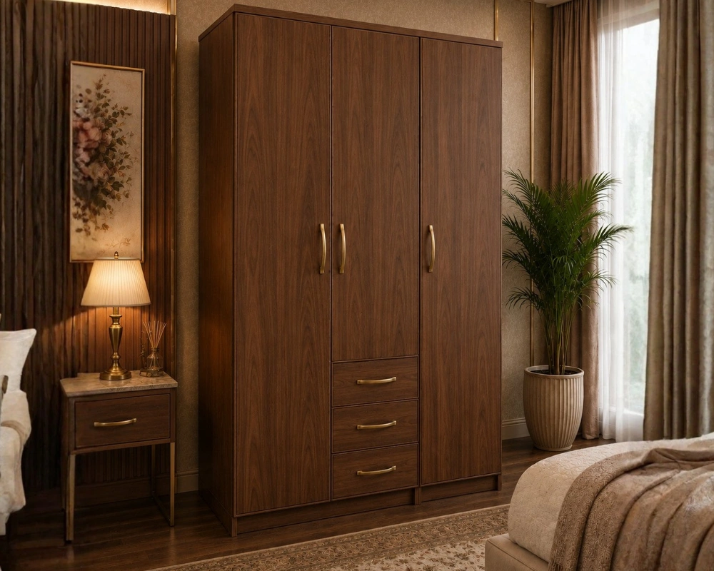 Elegant Walnut Finish Bedroom Wardrobe with 3 Drawers & Hanging Space Modern 3 Door Wardrobe with 3 Drawers - Spacious Wooden Bedroom Wardrobe - Image 1