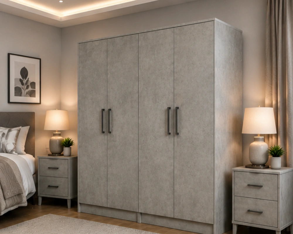 Minimalist Grey Wooden Wardrobe with 4 Doors _ Large Storage Cabinet Durable 4 Door Wardrobe β Stylish Wooden Wardrobe - Spacious 4 Door Wardrobe β Luxury Family Storage Solution - Image 1