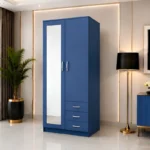 Modern Blue 2 Door Mirrored Wardrobe with 3 Drawers - Bedroom Storage Cabinet