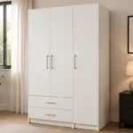 White Bedroom Wardrobe with Double Drawers – 3 Door Storage Unit