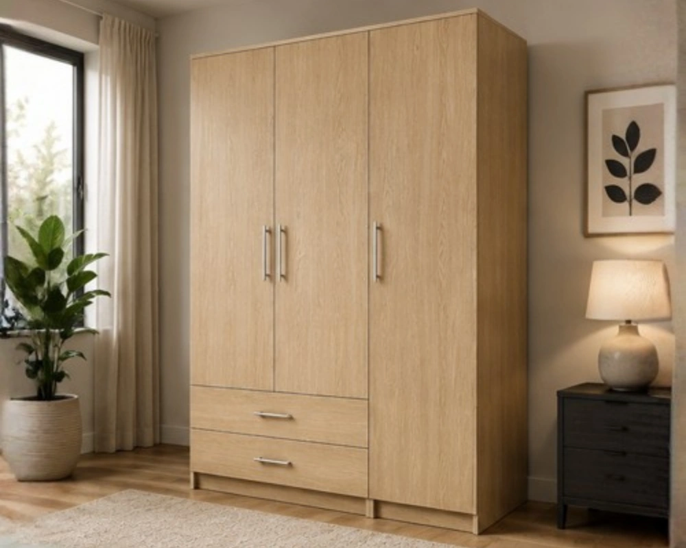 Modern 3 Door Wooden Wardrobe _ Elegant Oak Finish 3 Door Wardrobe with 2 Drawers - Image 1