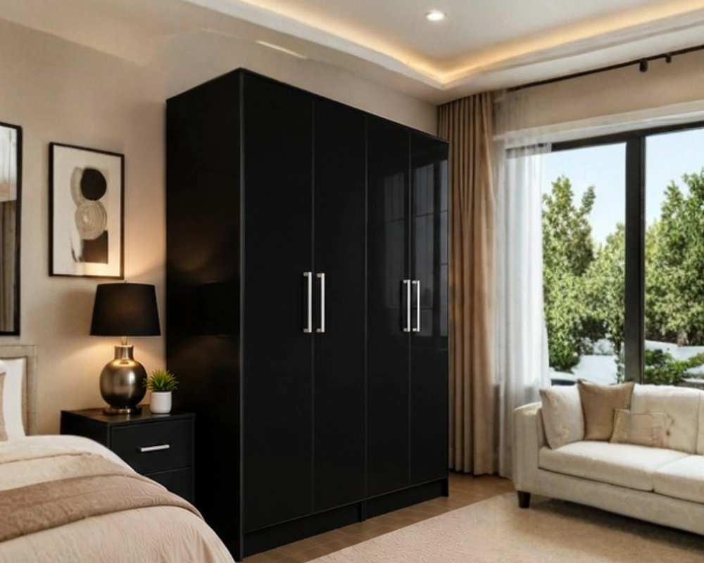 Modern 4 Door Wardrobe – Matte Black Finish Black High Gloss 4 Door Wardrobe – Luxury Modern Bedroom Storage Cabinet - Image 1