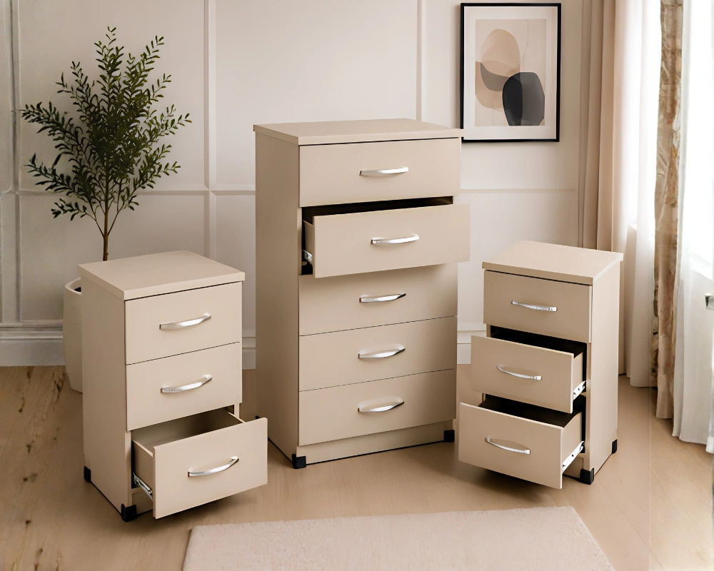 Modern Bedroom Drawer Chest Stylish Bedroom Organizer – 5 Chest of Drawer+ 2 Bedside Tables - Chest of 5 Drawers - Image 1
