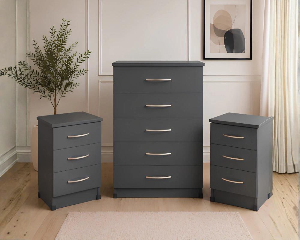 Modern Chest of Drawers set Premium Bedroom Storage – Chest + 2 Bedside Tables - Chest of 5 Drawers with 2 Bedside Tables - Image 1