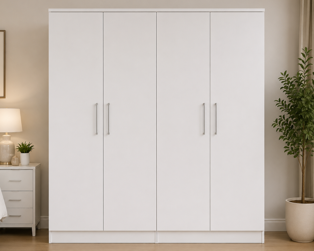 Modern White 4 Door Wardrobe with Sleek Metal Handles _ Spacious Bedroom Storage Modern White 4 Door Wardrobe – Spacious Bedroom Storage Cabinet - Image 1