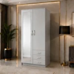 Modern White 2 Door Mirrored Wardrobe with 3 Drawers - Bedroom Storage Cabinet