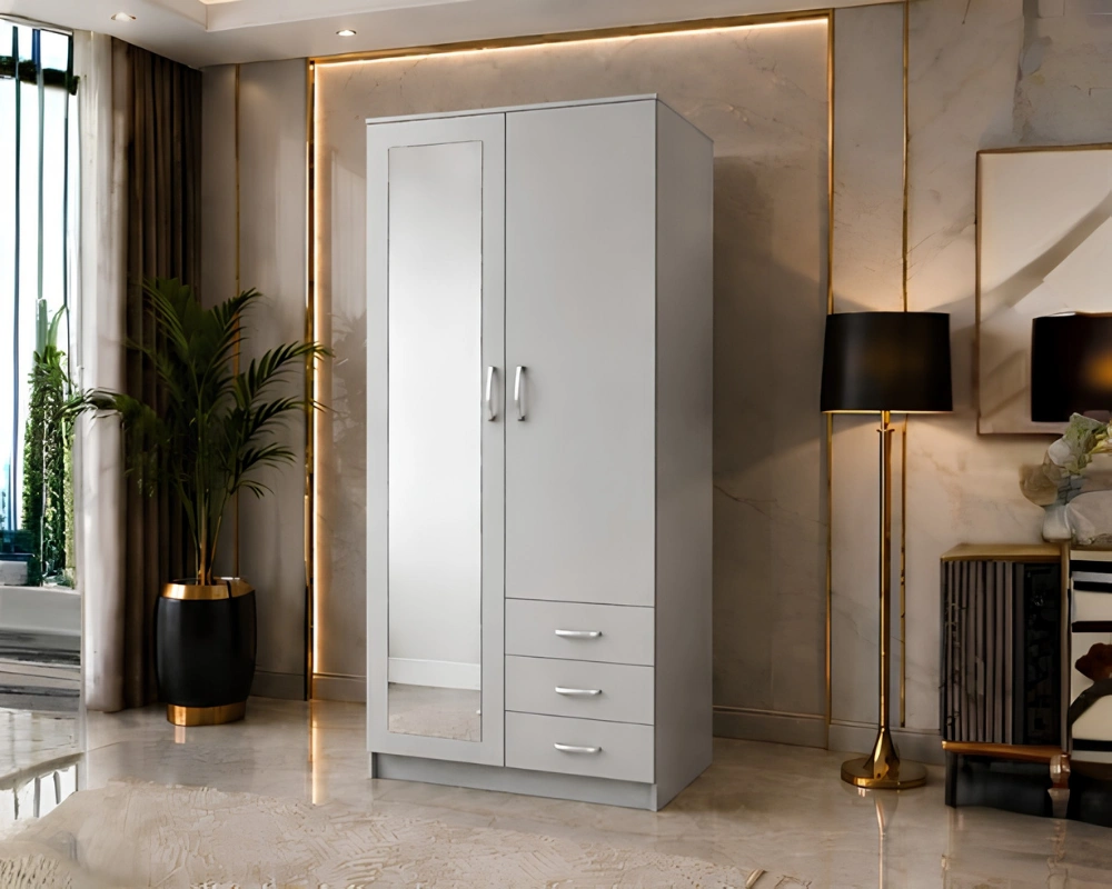 Space Saving Wooden Closet Cabinet Modern White 2 Door Mirrored Wardrobe with 3 Drawers - Bedroom Storage Cabinet - Image 1