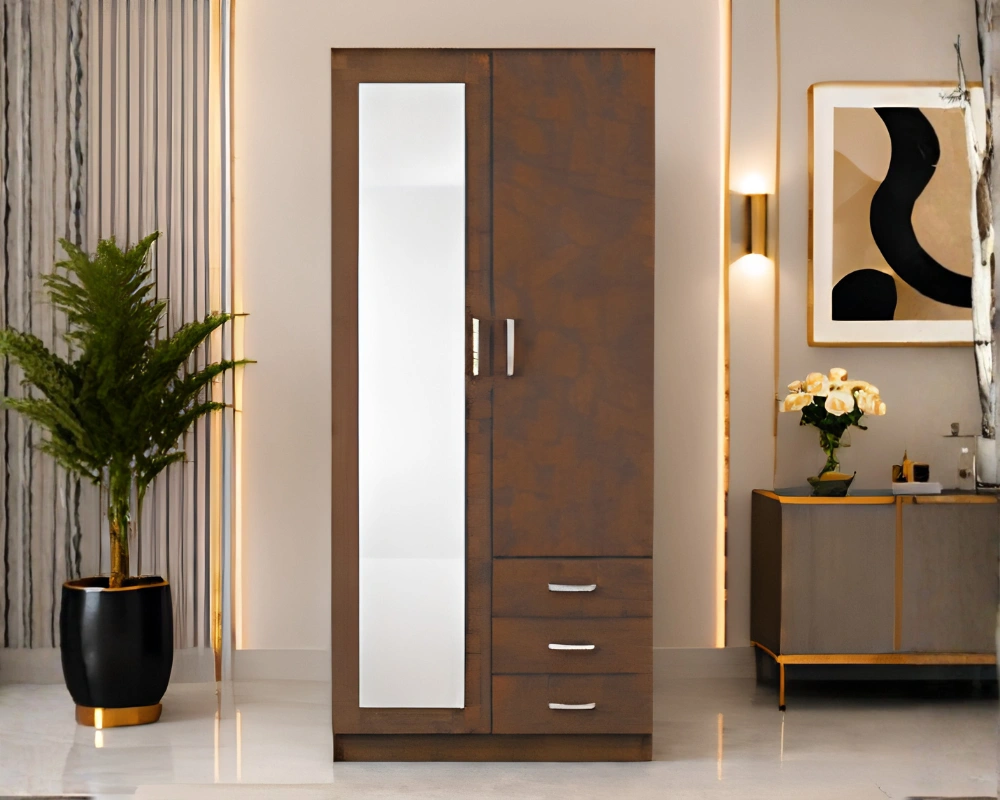 Stylish Wooden Double Door Wardrobe Compact 2 Door Wardrobe with Mirror and Drawer Storage - Wardrobe - Image 1