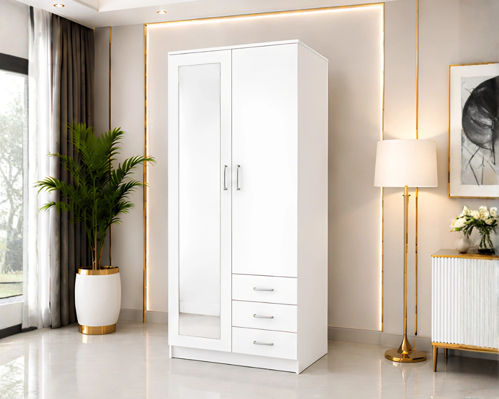 Two Door Closet with Organized Storage White 2 Door Mirrored Wardrobe with 3 Drawers - Modern Bedroom Storage Cabinet - Image 1
