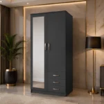 Modern Grey 2 Door Wardrobe with Shelves & 3 Drawers - Bedroom Storage Cabinet