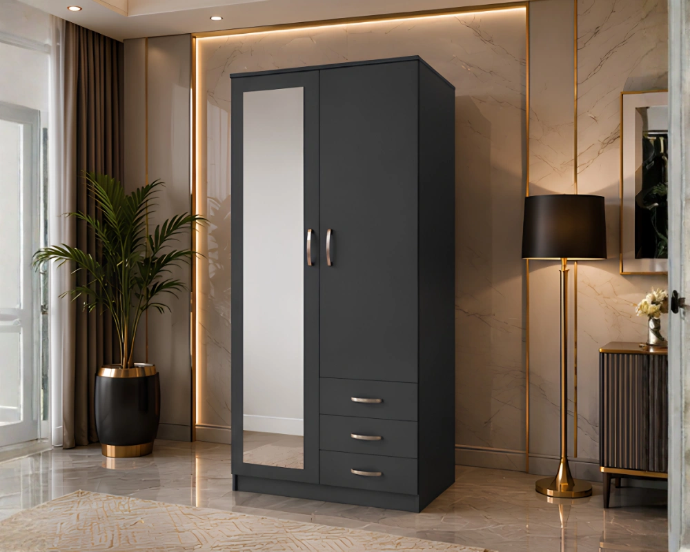 Two Door Wardrobe with Spacious Interior Modern Grey 2 Door Wardrobe with Shelves & 3 Drawers - Bedroom Storage Cabinet - Image 1