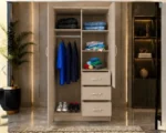 Modern Cream 2 Door Mirrored Wardrobe with 3 Drawers - Bedroom Storage Cabinet - Image 4
