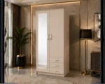 Modern Cream 2 Door Mirrored Wardrobe with 3 Drawers - Bedroom Storage Cabinet