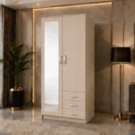 Modern Cream 2 Door Mirrored Wardrobe with 3 Drawers - Bedroom Storage Cabinet
