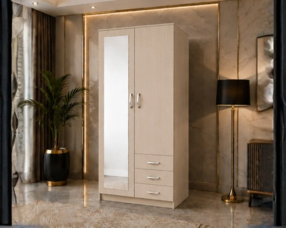 Wooden Wardrobe with Functional Interior Modern Cream 2 Door Mirrored Wardrobe with 3 Drawers - Bedroom Storage Cabinet - Image 1