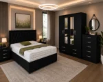 Complete Double Bedroom Suite – 4 Door Wardrobe with Three Half Mirrors, Four Bottom Drawers, Chest of Five Drawers & Bed Side Tables - Image 3