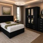 Complete Double Bedroom Suite – 4 Door Wardrobe with Three Half Mirrors, Four Bottom Drawers, Chest of Five Drawers & Bed Side Tables