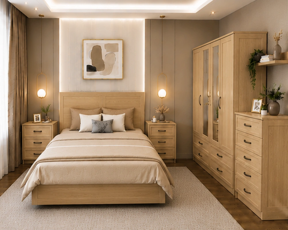 1 Modern Double Bed Bedroom Furniture Set – Complete Bedroom Set Premium Bedroom Furniture Set – Double Bed, Four Door Wardrobe with Four Bottom Drawers, Chest of Five Drawers & Two Bedside Tables - Image 1