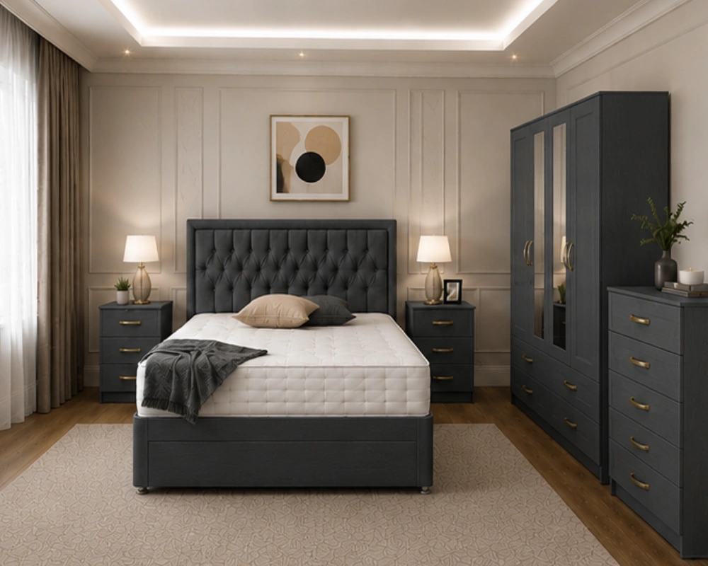 1 Modern Double Bed Set with Wardrobe, 2 Bedside Tables & Chest of Drawers Elegant Bedroom Furniture Bundle - Four Door Mirror Wardrobe With Four Bottom Drawers - Chest of Five Drawers - Double Bed - Image 1