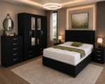 Complete Double Bedroom Suite – 4 Door Wardrobe with Three Half Mirrors, Four Bottom Drawers, Chest of Five Drawers & Bed Side Tables - Image 6