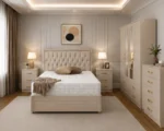 Modern Double Bed Suite - 4 Door Half Mirror Wardrobe With Four Bottom Drawers - Chest of Five Drawers - Two Bedside Tables