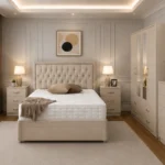 Modern Double Bed Suite - 4 Door Half Mirror Wardrobe With Four Bottom Drawers - Chest of Five Drawers - Two Bedside Tables