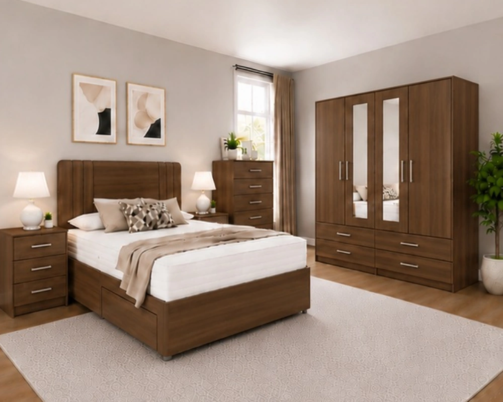10 Double Bed Set with Mirrored Wardrobe & Chest Complete Home Bedroom Suite - 4 Door Wardrobe With Dual Mirrors And Four Bottom Drawers - Chest of Five Drawers - Image 1