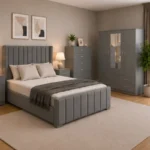 Modern Bedroom Furniture Set - Double Bed - 4 Door Mirror Wardrobe With Bottom Drawers - Five Drawer Chest - Two Bedside Tables