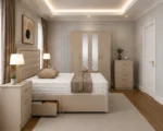 Modern Double Bed Suite - 4 Door Half Mirror Wardrobe With Four Bottom Drawers - Chest of Five Drawers - Two Bedside Tables - Image 2